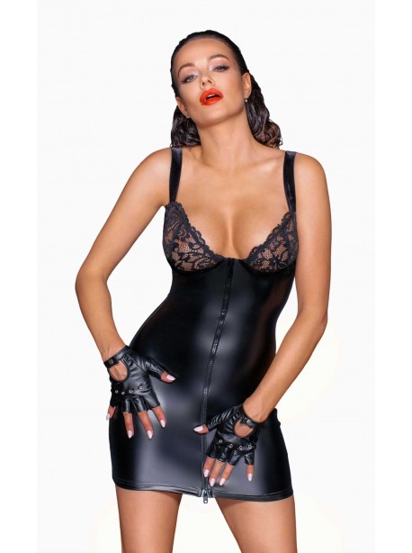 mini robe powerwetlook avec poitrine en dentelle et fermeture eclair a 2 sens