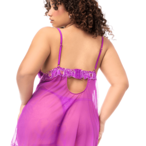 Babydoll grande taille en résille brodée florale et string –