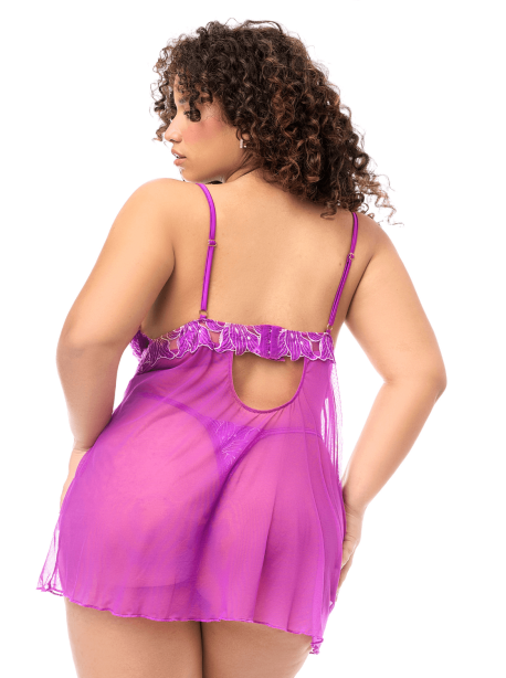 Babydoll grande taille en résille brodée florale et string - – Image 2