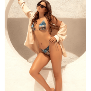Bikini Triangle Imprimé Satiné Bleu Beige